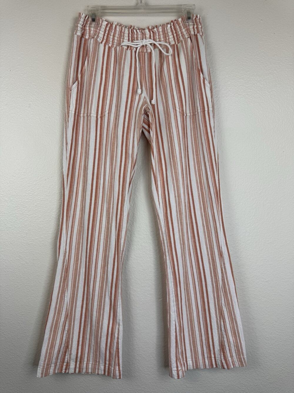 Roxy Oceanside Striped Cotton Linen Low Rise Flare Pants Beach Lounge Orange XL